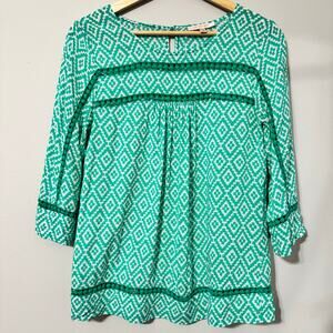 Skies are Blue Top Size XS Teal Green Geometric Aztec Crotchet Office Casual